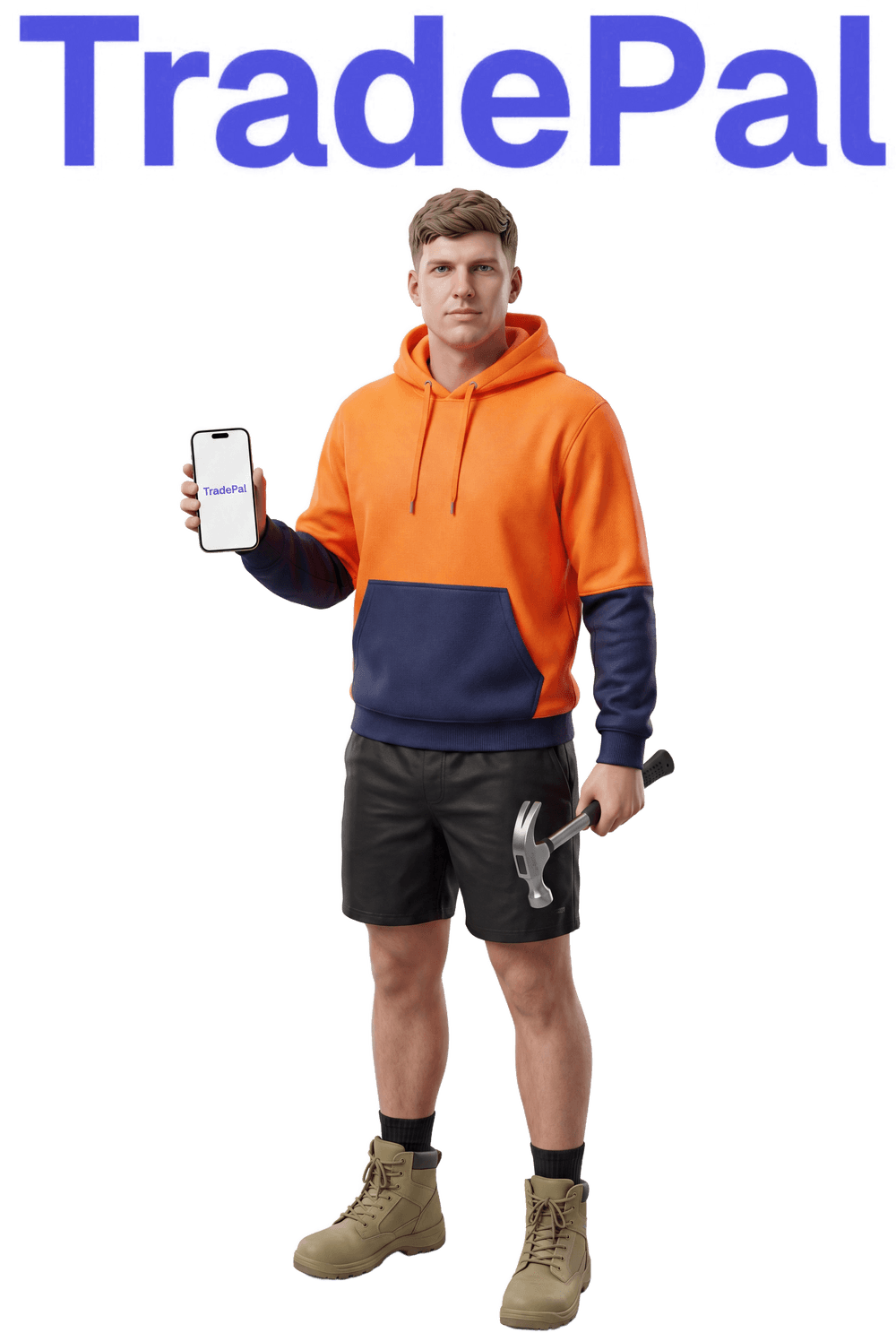 A tradie holding a phone showing the TradePal app